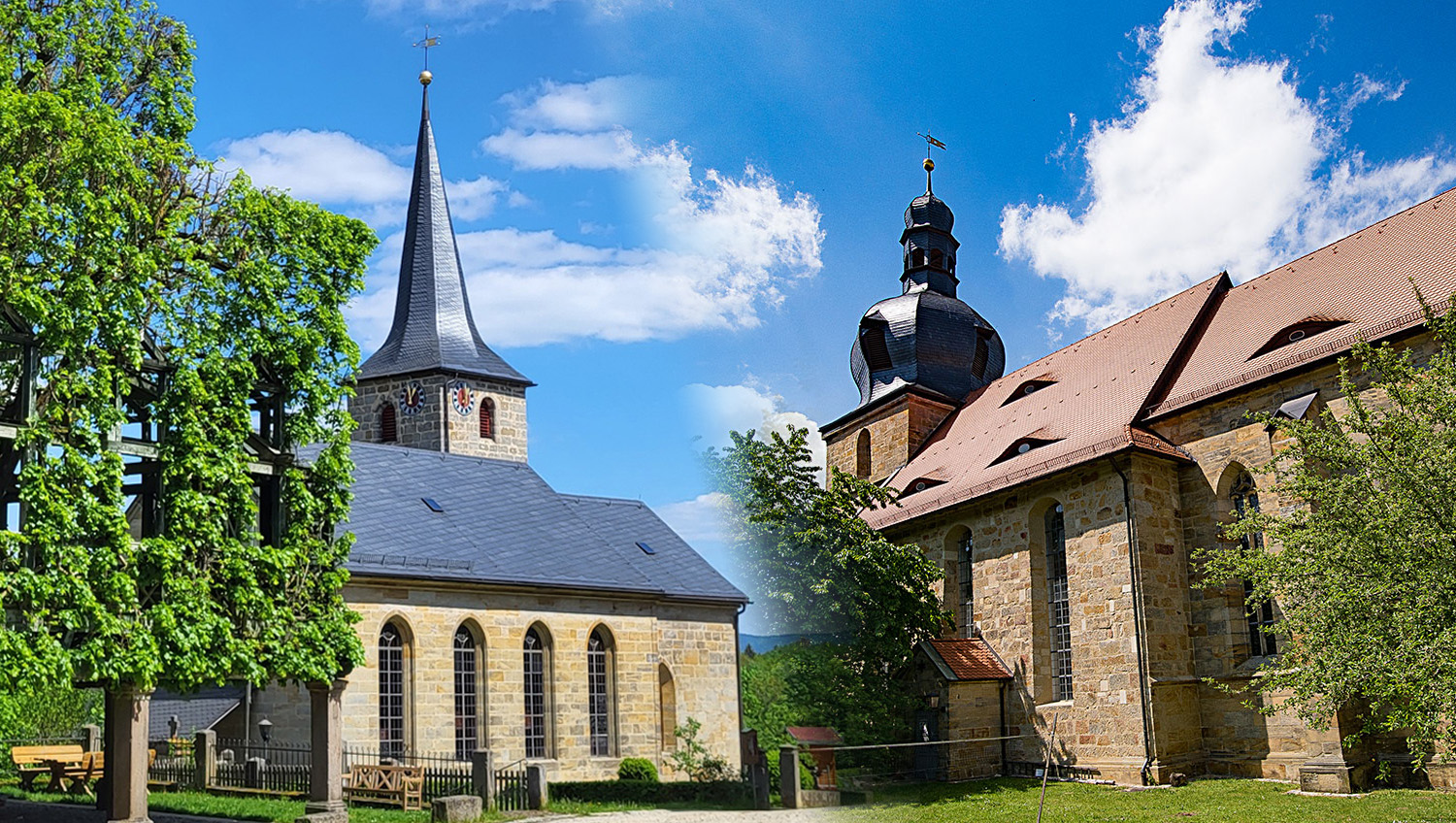 Marienkirche Peesten und Kilianskirche Kasendorf vor blauem Himmel