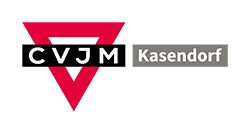 CVJM-Dreieck: Rotes auf der Spitze stehendes Dreieck mit den Buchstaben CVJM in weiß auf einem schwarzem Balken. Dahinter in einem grauen Balken in weiß der Ortsname Kasendorf